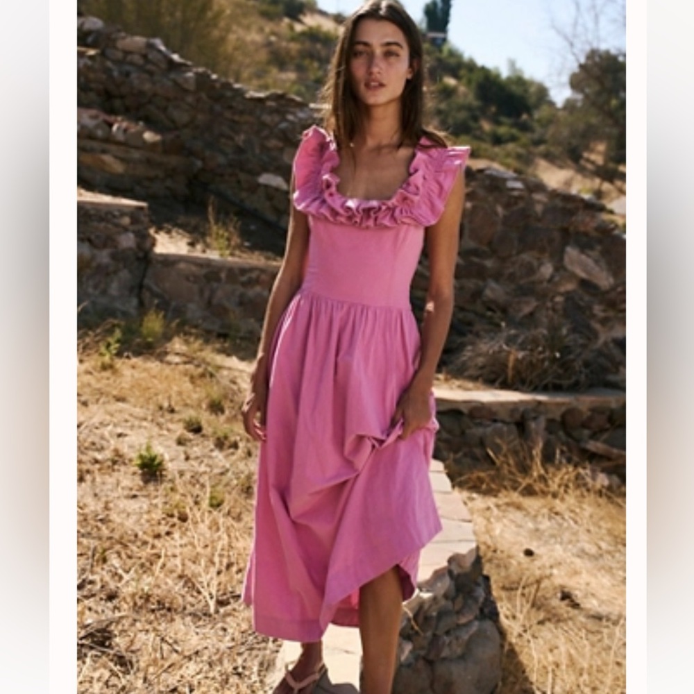 Pink/Mauve cotton midi dress with ruffle neck bridesmaid dress - worn once
